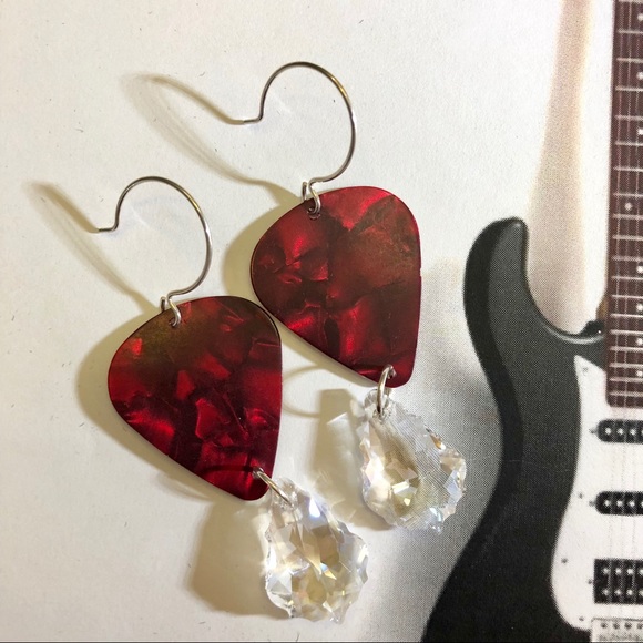 Guitar Pick Earrings OOAK Champagne crystal drops - Picture 2 of 3